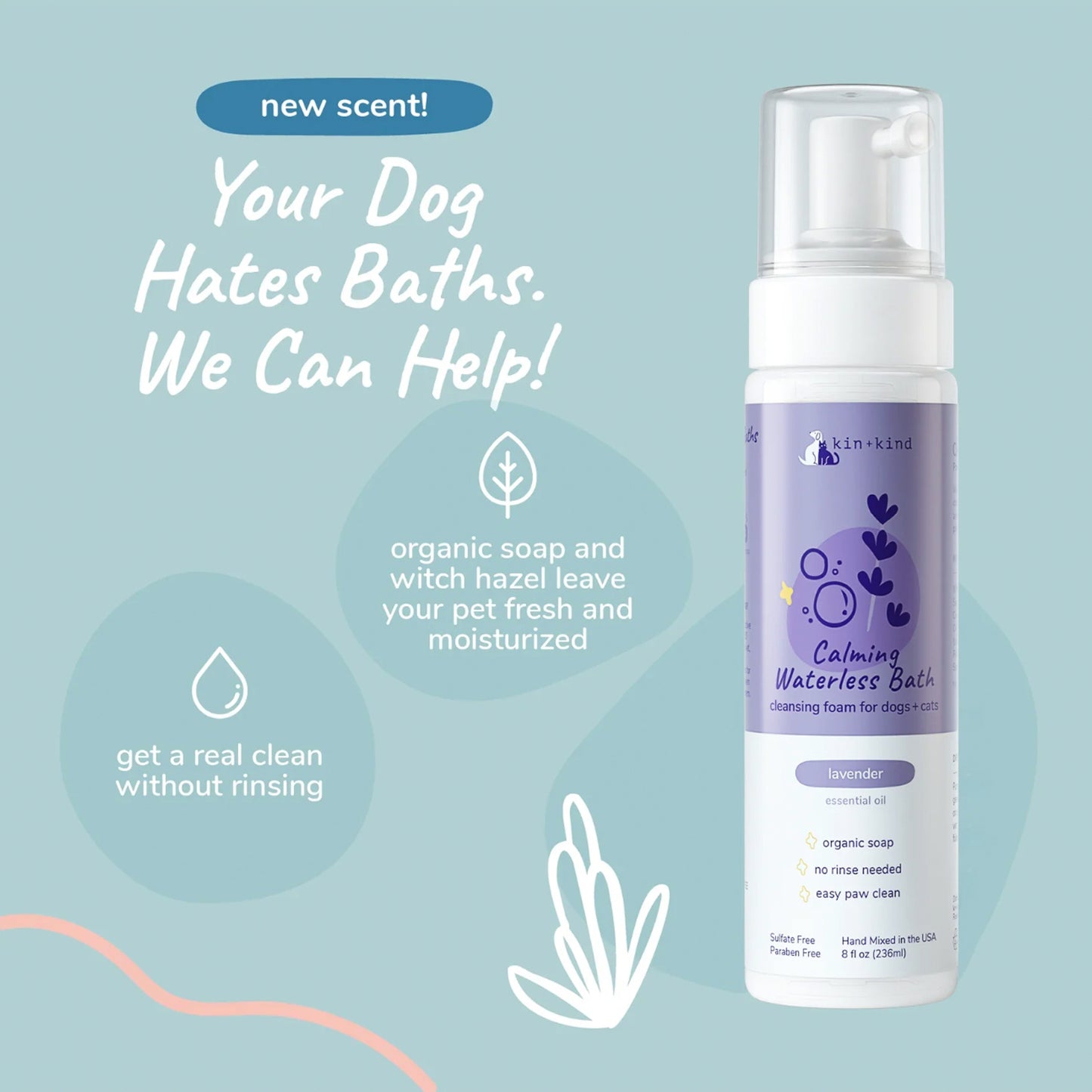 Kin + Kind Calming Lavender Waterless Bath for Dogs & Cats 8oz