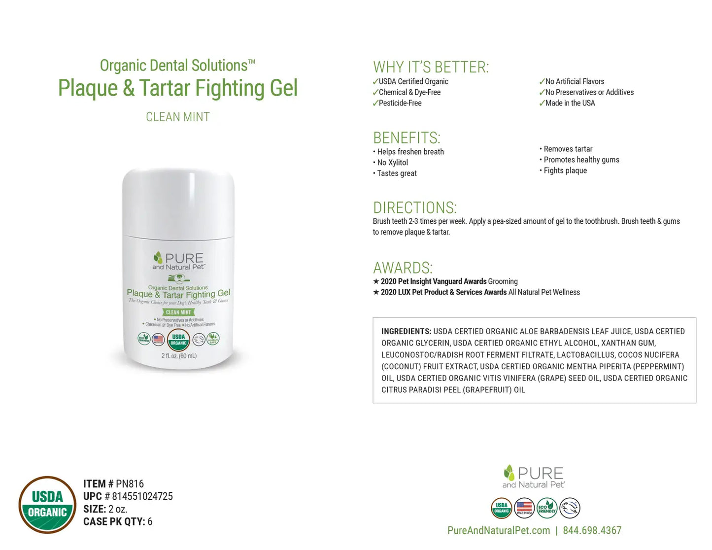 Pure and Natural Pet Organic Dental Solutions Plaque & Tartar Fighting Gel, Mint