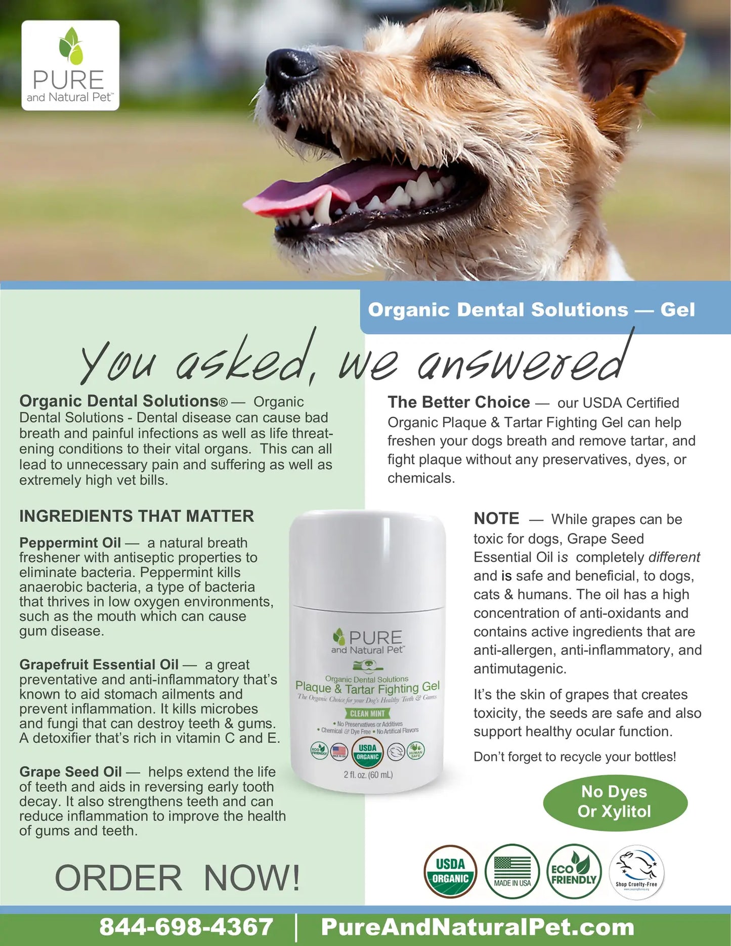 Pure and Natural Pet Organic Dental Solutions Plaque & Tartar Fighting Gel, Mint