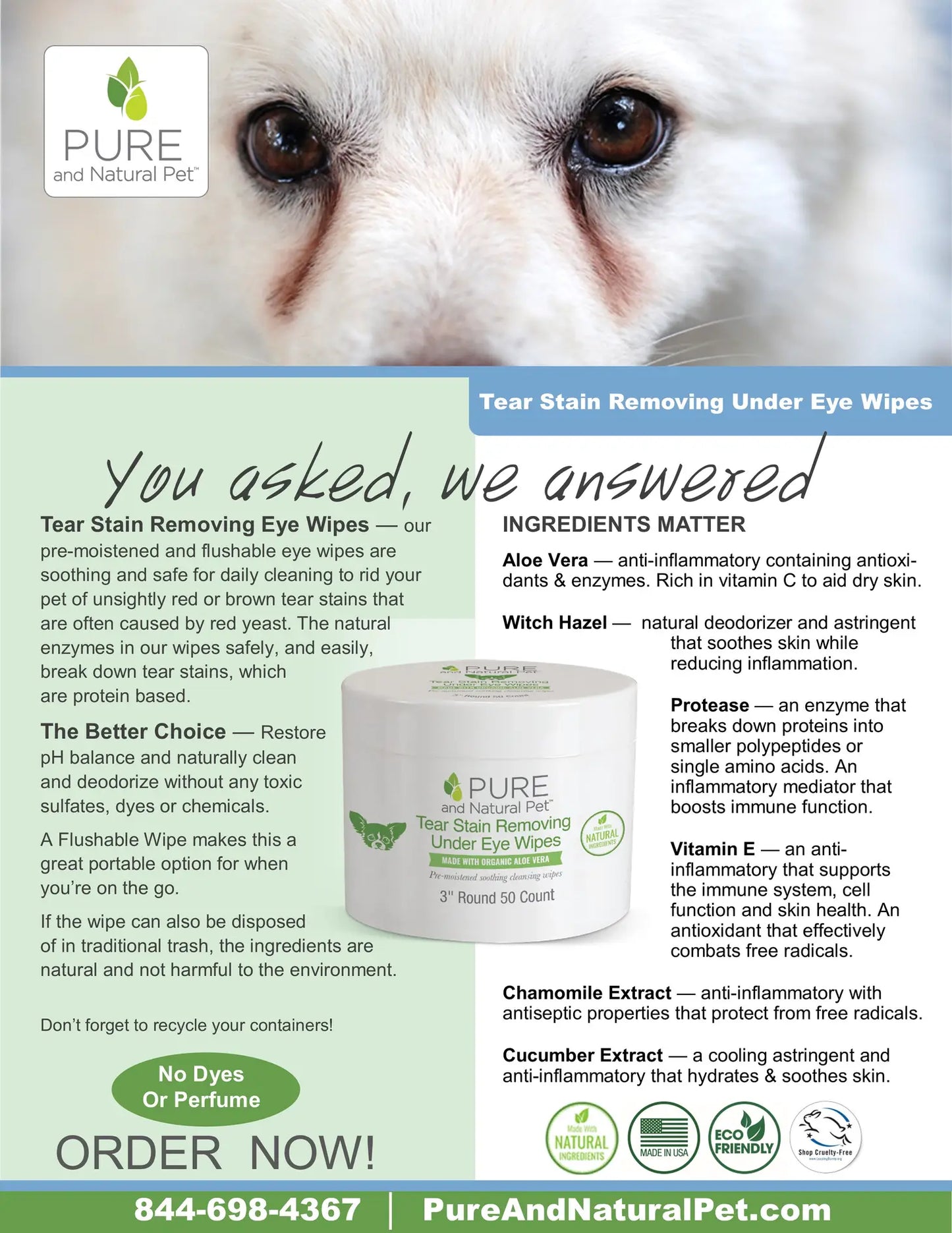 Pure and Natural Pet Tear Stain Removing Under Eye Wipes
